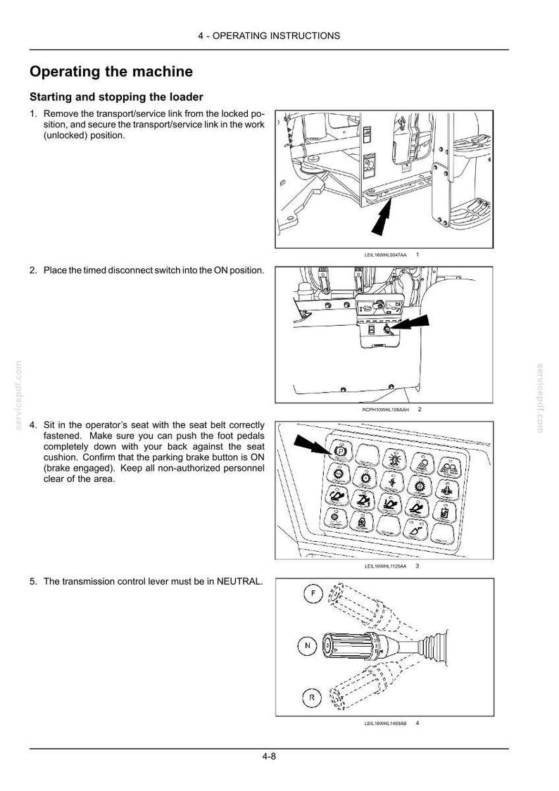 May include: Diagram of operating instructions for a machine. Includes illustrations of steps such as removing a transport link, placing a switch in the ON position, and operating controls. The text includes instructions for the operator's seat and the transmission control lever.