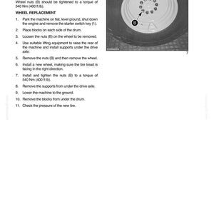 May include: A technical manual page titled SECTION 5 - MAINTENANCE/ADJUSTMENTS, detailing wheel replacement and torque specifications of 540 Nm (400 ft lb). It includes a black and white photograph of a wheel with nuts labeled B.