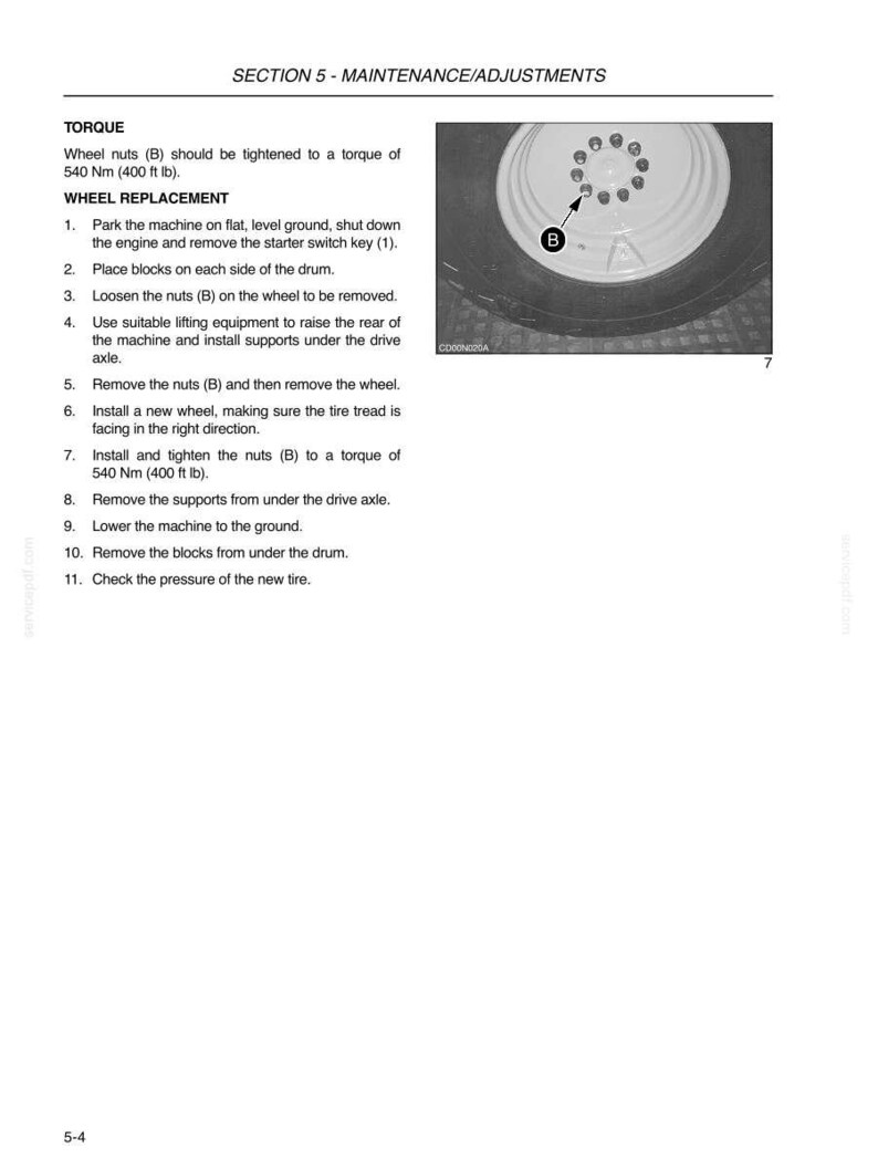 May include: A technical manual page titled SECTION 5 - MAINTENANCE/ADJUSTMENTS, detailing wheel replacement and torque specifications of 540 Nm (400 ft lb). It includes a black and white photograph of a wheel with nuts labeled B.