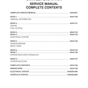 May include: A white page with black text detailing the contents of a CX300C TIER 4 Crawler Excavator Service Manual. The manual's complete contents are listed, including sections on the engine, electrical system, and hydraulics. Copyright 2011 CNH America LLC.