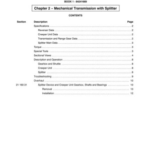 May include: A white page from a manual titled "SECTION 21 - TRANSMISSIONS." The page lists the contents of Chapter 2, "Mechanical Transmission with Splitter," including specifications, data, and operation details.