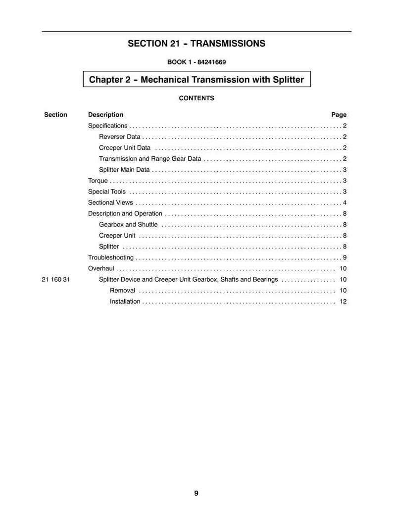 May include: A white page from a manual titled "SECTION 21 - TRANSMISSIONS." The page lists the contents of Chapter 2, "Mechanical Transmission with Splitter," including specifications, data, and operation details.