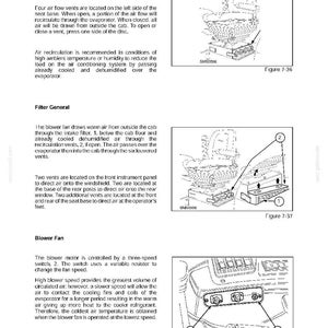May include: A technical manual page titled Section 7 - Cab, featuring three black and white line drawings labeled Figure 7-36, 7-37, and 7-38. The diagrams illustrate air recirculation vents, filter intake locations, and a three-speed blower fan switch.