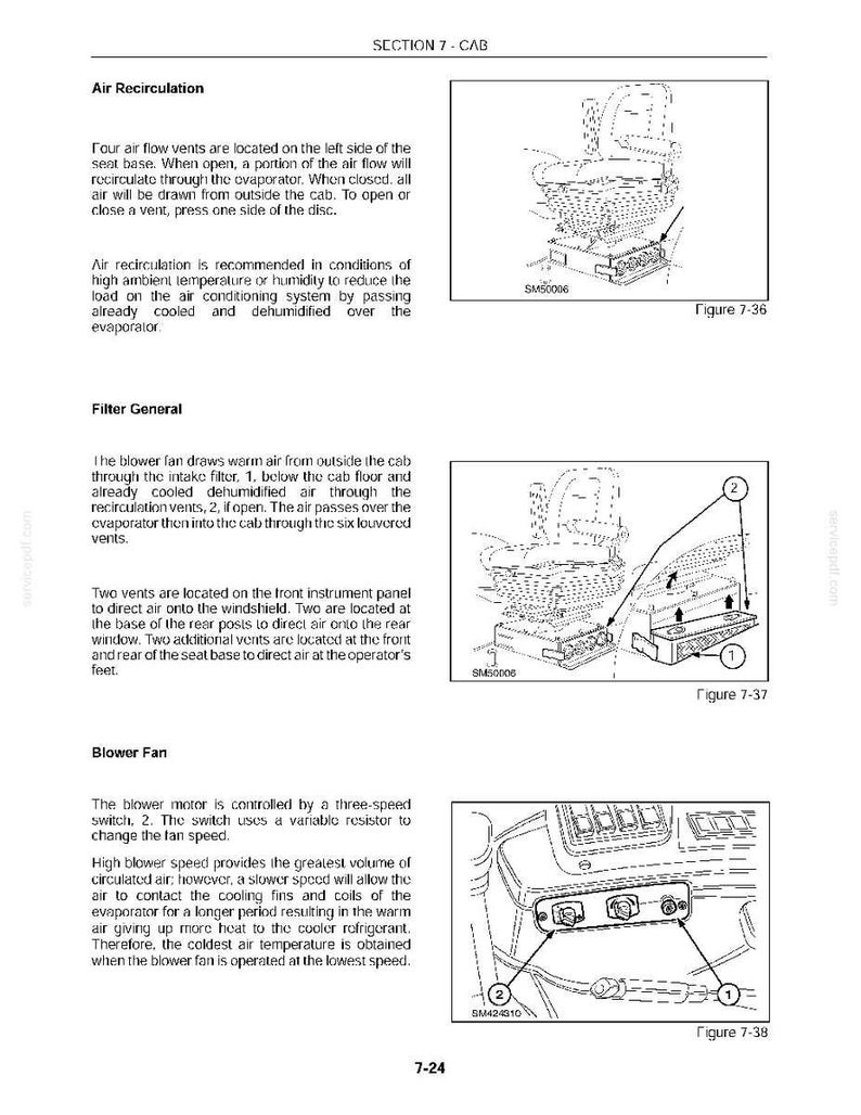 May include: A technical manual page titled Section 7 - Cab, featuring three black and white line drawings labeled Figure 7-36, 7-37, and 7-38. The diagrams illustrate air recirculation vents, filter intake locations, and a three-speed blower fan switch.