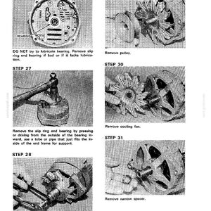 May include: A grayscale diagram with instructions for automotive repair. The image shows various steps, including removing a pulley, cooling fan, and narrow spacer. Text includes "DO NOT try to lubricate bearing" and "Remove slip ring end bearing."