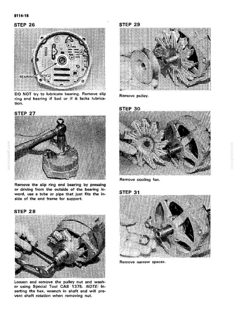 May include: A grayscale diagram with instructions for automotive repair. The image shows various steps, including removing a pulley, cooling fan, and narrow spacer. Text includes "DO NOT try to lubricate bearing" and "Remove slip ring end bearing."