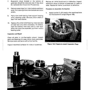 Puede incluir: Imagen en blanco y negro de piezas de caja de cambios desmontadas, incluyendo engranajes y rodamientos, dispuestas sobre un banco de trabajo. La imagen es de un manual de reparaci&oacute;n, con texto que describe los procedimientos de desmontaje y reparaci&oacute;n. La figura 159 es visible.
