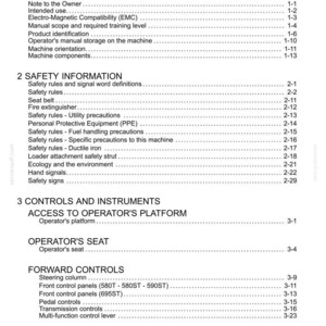 May include: A detailed table of contents from a manual, with headings such as "General Information," "Safety Information," and "Controls and Instruments." The document includes page numbers and subtopics.