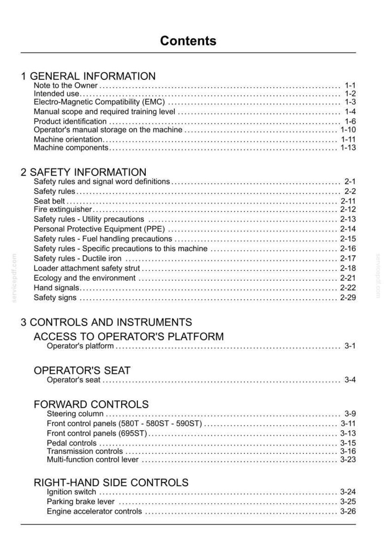 May include: A detailed table of contents from a manual, with headings such as "General Information," "Safety Information," and "Controls and Instruments." The document includes page numbers and subtopics.
