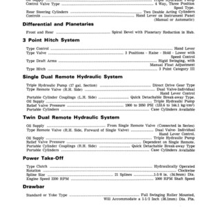 Puede incluir: Diagrama t&eacute;cnico detallado con especificaciones de tractor, incluyendo direcci&oacute;n asistida trasera, enganche de 3 puntos y sistemas hidr&aacute;ulicos. Medidas en pulgadas y PSI, con equivalentes m&eacute;tricos.