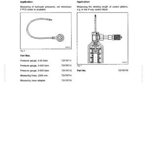 May include: A service manual page with diagrams of pressure gauges and a stroke-measuring device. The text includes part numbers and applications for measuring hydraulic pressures and control piston lengths. The page is titled "SERVICE MANUAL EC 350".