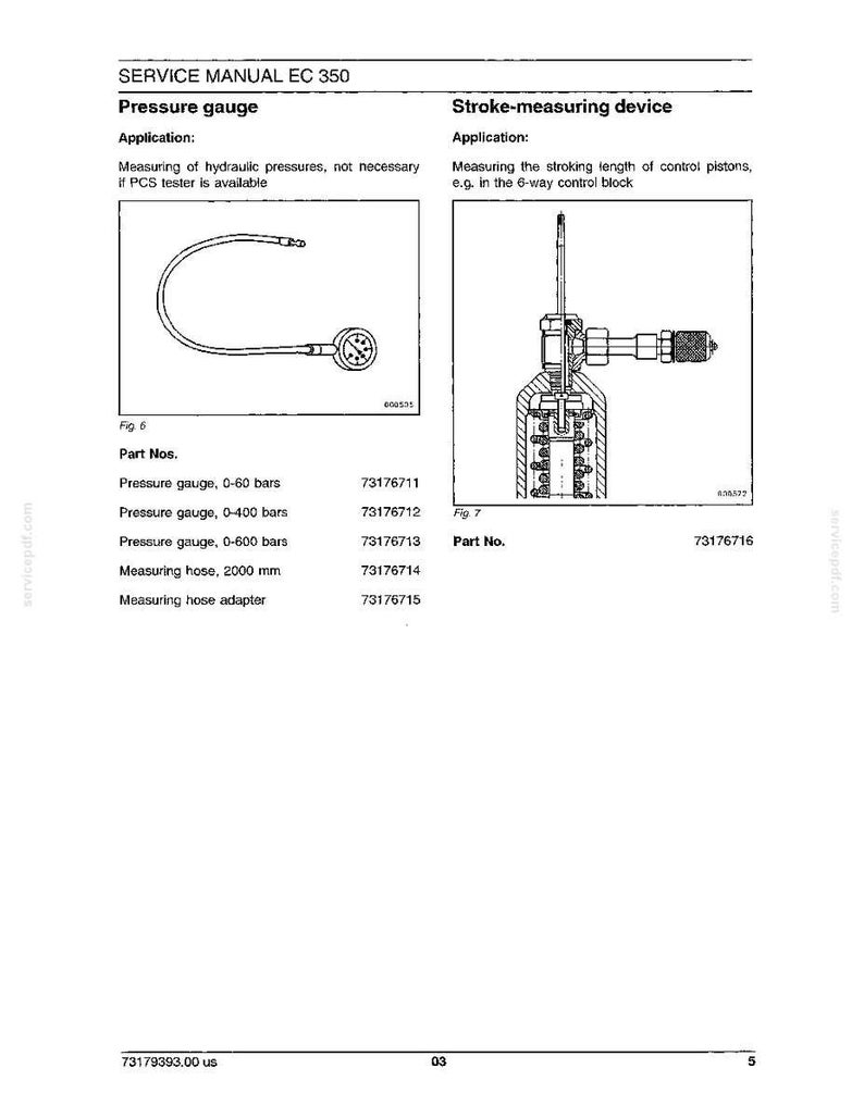 May include: A service manual page with diagrams of pressure gauges and a stroke-measuring device. The text includes part numbers and applications for measuring hydraulic pressures and control piston lengths. The page is titled "SERVICE MANUAL EC 350".