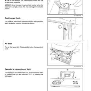 May include: Diagrams of vehicle controls and instruments, including a windshield washer reservoir, coat hanger hook, air filter, and operator's compartment light. Each component is labeled with a number.