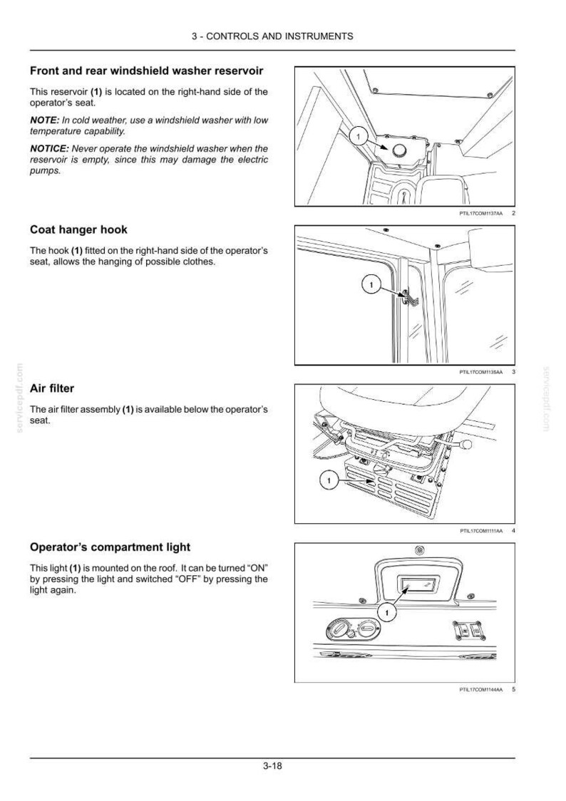 May include: Diagrams of vehicle controls and instruments, including a windshield washer reservoir, coat hanger hook, air filter, and operator's compartment light. Each component is labeled with a number.