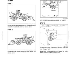 Peut inclure: Diagramme expliquant le retrait des filtres d'alimentation DEF/AdBlue. Les instructions d&eacute;taillent la localisation du r&eacute;servoir, le relevage du capot et le retrait du bouchon de remplissage. Inclut des images de machines lourdes.