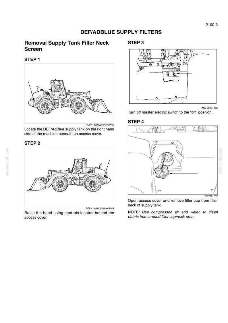 Peut inclure: Diagramme expliquant le retrait des filtres d'alimentation DEF/AdBlue. Les instructions d&eacute;taillent la localisation du r&eacute;servoir, le relevage du capot et le retrait du bouchon de remplissage. Inclut des images de machines lourdes.