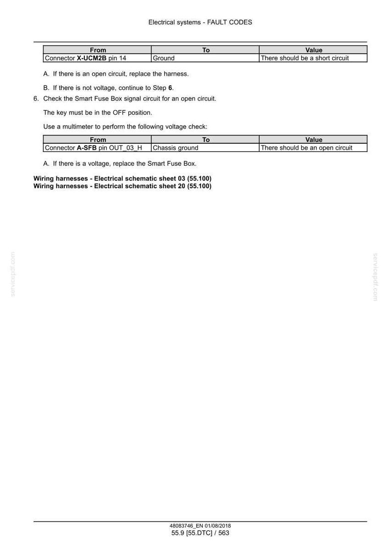 May include: A white document titled "Electrical systems - FAULT CODES" with tables detailing fault diagnosis steps. Includes instructions for checking circuits and replacing components. The document also lists wiring harness information.
