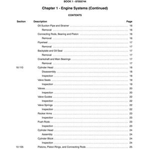 May include: A page from a manual titled "SECTION 10 - ENGINE SYSTEMS." The table of contents lists engine components like "Cylinder Head," "Valves," and "Pistons." The page is white with black text.