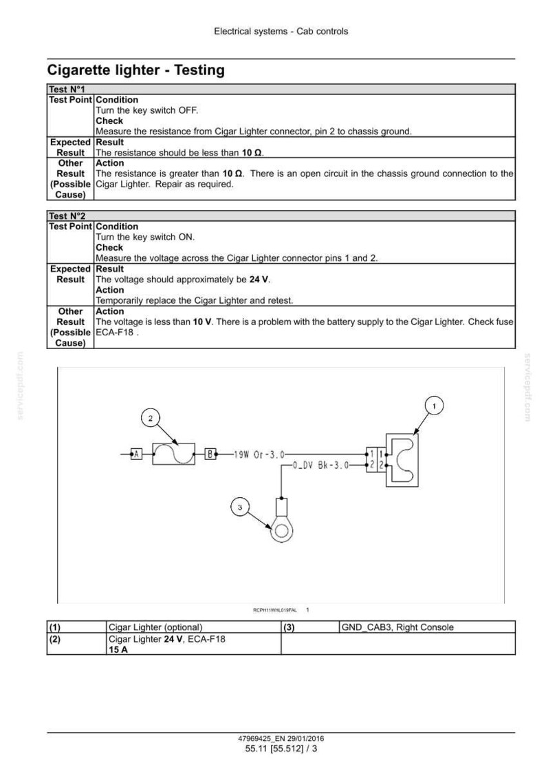 May include: Diagram of a cigarette lighter testing procedure, with text detailing test points, conditions, expected results, and actions. Includes a schematic with numbered components and electrical symbols. Measurements are in Ohms and Volts.