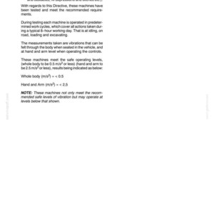 May include: A white document page with the title "SECTION 1 - SAFETY FEATURES AND VEHICLE OPTIONAL SAFETY". The text describes safety measures, including vibration limits for machinery, measured in m/s&sup2;.