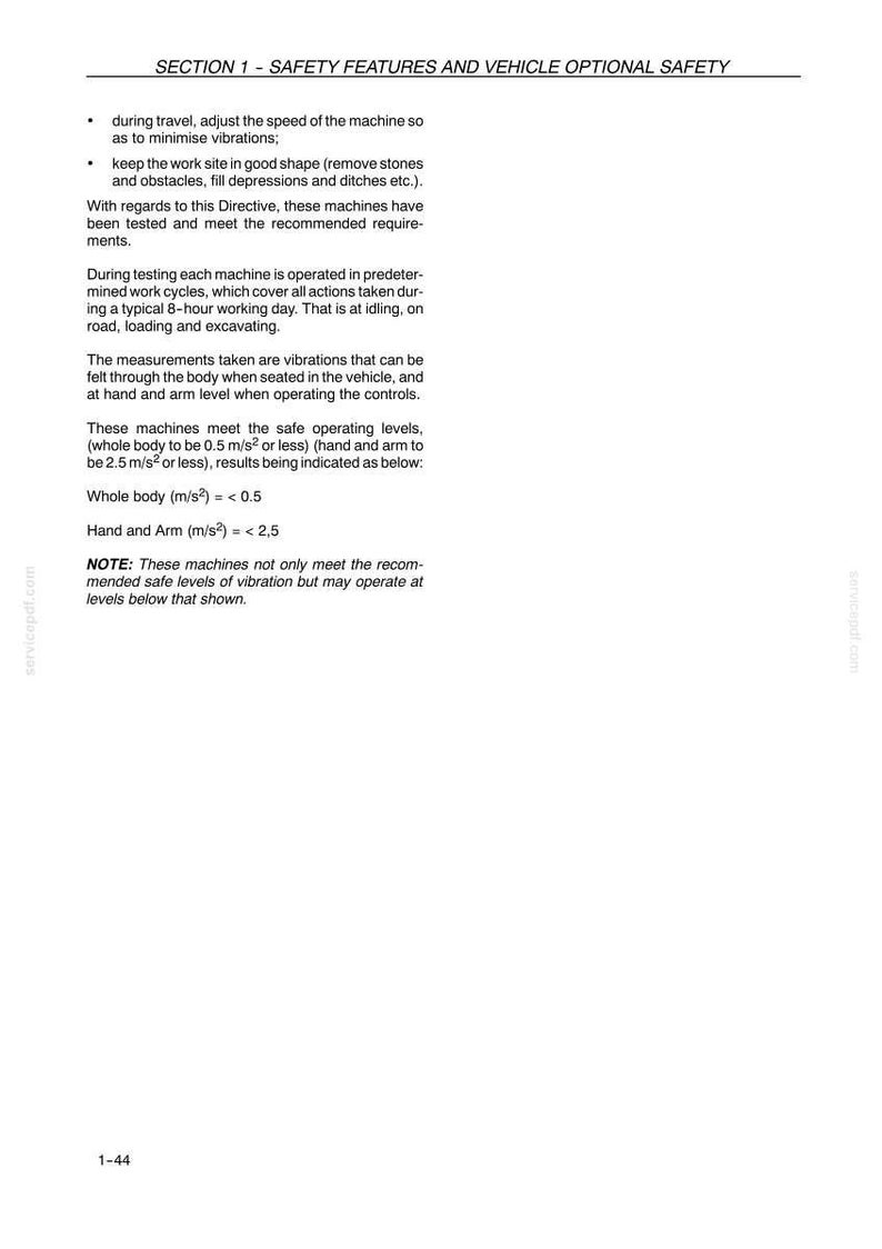 May include: A white document page with the title "SECTION 1 - SAFETY FEATURES AND VEHICLE OPTIONAL SAFETY". The text describes safety measures, including vibration limits for machinery, measured in m/s&sup2;.