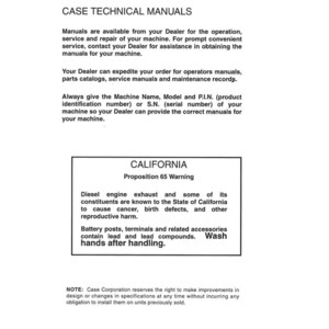 K&ouml;nnte beinhalten: Ein wei&szlig;es Dokument mit schwarzem Text mit der &Uuml;berschrift "CASE TECHNICAL MANUALS". Das Dokument enth&auml;lt Informationen zum Erhalt von Handb&uuml;chern, einschlie&szlig;lich einer Proposition 65-Warnung bez&uuml;glich Dieselmotoremissionen und Bleiverbindungen.