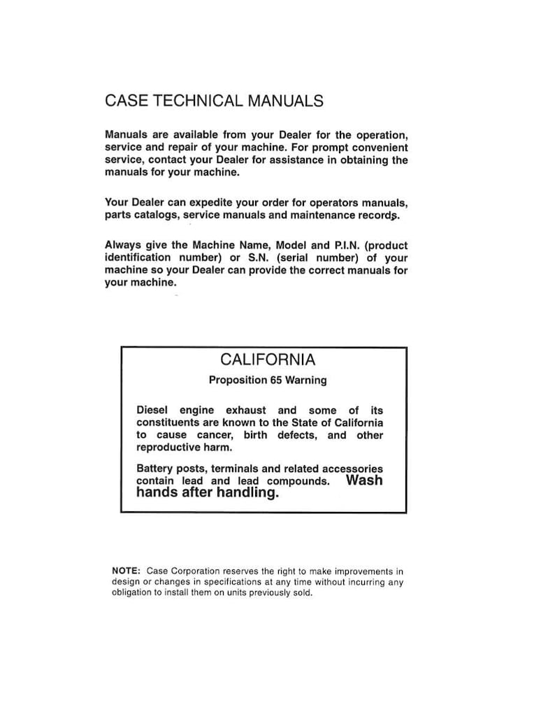 K&ouml;nnte beinhalten: Ein wei&szlig;es Dokument mit schwarzem Text mit der &Uuml;berschrift "CASE TECHNICAL MANUALS". Das Dokument enth&auml;lt Informationen zum Erhalt von Handb&uuml;chern, einschlie&szlig;lich einer Proposition 65-Warnung bez&uuml;glich Dieselmotoremissionen und Bleiverbindungen.