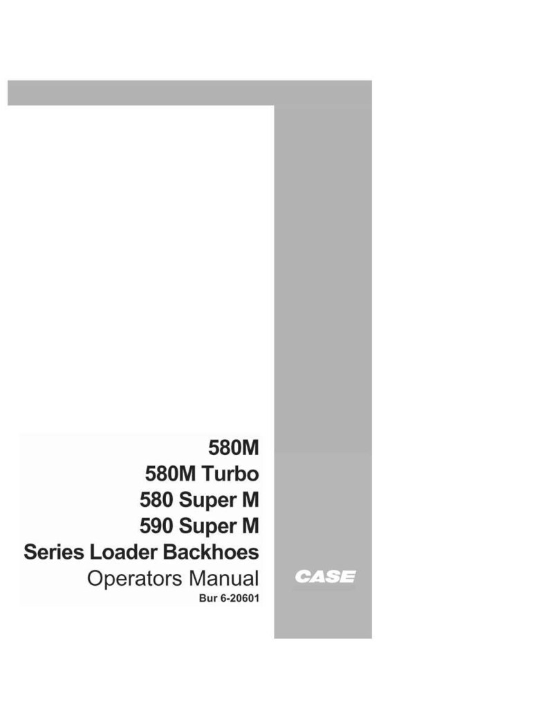 K&ouml;nnte beinhalten: Wei&szlig;er Hintergrund mit schwarzem Text: 580M, 580M Turbo, 580 Super M, 590 Super M, Series Loader Backhoes, Bedienungsanleitung, Bur 6-20601 und das CASE-Logo. Graues vertikales Rechteck rechts.