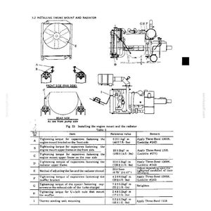 Puede incluir: Un diagrama t&eacute;cnico titulado 5.2 INSTALLING ENGINE MOUNT AND RADIATOR, que presenta dibujos lineales de componentes del motor y una tabla etiquetada como Table 2. La tabla enumera los valores de par de apriete en kgf-m y ft-lbs para varias piezas.