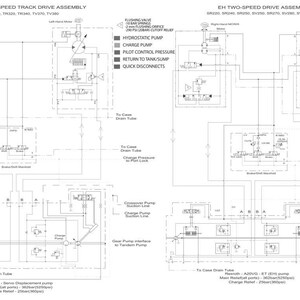 May include: Detailed schematic diagram of a mechanical two-speed track drive assembly and an EH two-speed drive assembly. The diagrams include labels for various components, including hydrostatic pumps, charge pumps, and pilot control pressure lines. The image is in black and white.