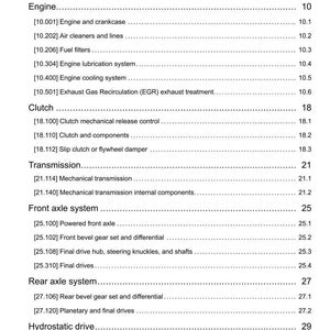 May include: A white page with a table of contents for an engine manual. The headings include Engine, Clutch, Transmission, Front Axle System, Rear Axle System, and Hydrostatic Drive. The document is dated 16/03/2016.