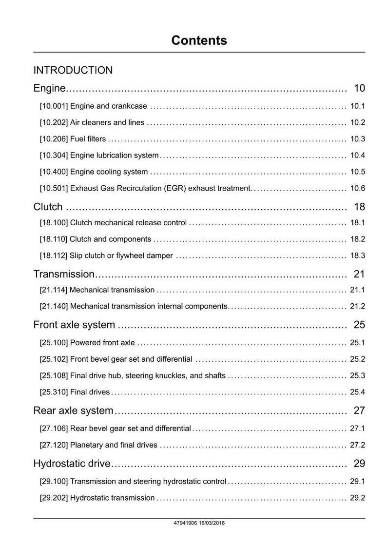 May include: A white page with a table of contents for an engine manual. The headings include Engine, Clutch, Transmission, Front Axle System, Rear Axle System, and Hydrostatic Drive. The document is dated 16/03/2016.