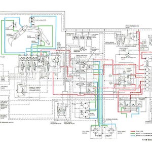 May include: A detailed schematic diagram of a 170B excavator's hydraulic system. The diagram uses a combination of lines and symbols to illustrate the flow of fluids and the function of various components. Colored lines indicate pump flow and connections to cylinders and motors.