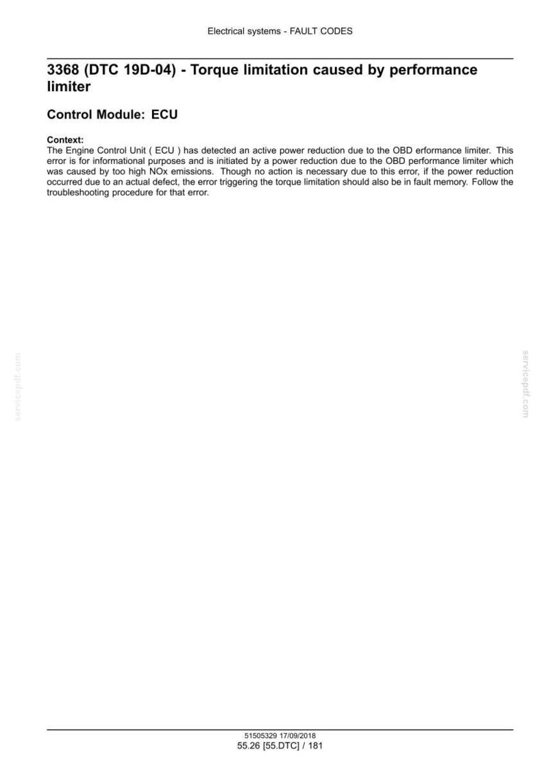 May include: Document detailing fault codes for electrical systems. The text reads "3368 (DTC 19D-04) - Torque limitation caused by performance limiter." Additional text explains the context of the error and the Engine Control Unit (ECU).