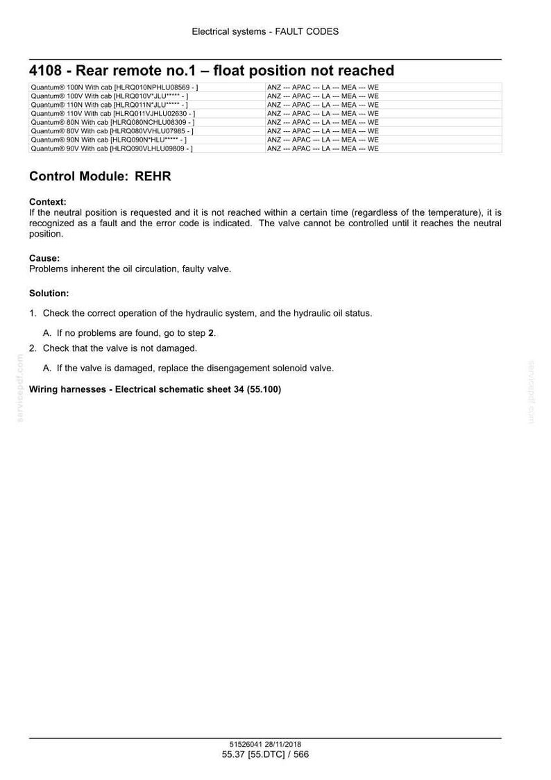 May include: A technical document titled "Electrical systems - FAULT CODES" with fault code 4108. The document details a "Rear remote no.1 - float position not reached" error, including context, cause, and solution steps. It also references wiring harnesses and a schematic sheet.