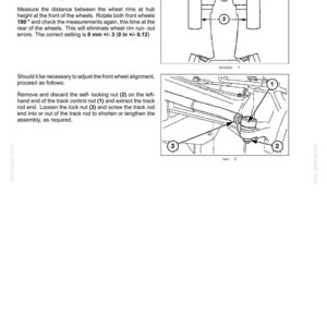 Pode incluir: Uma p&aacute;gina de manual t&eacute;cnico intitulada Alinhamento das rodas dianteiras, com diagramas de rodas de trator e componentes de dire&ccedil;&atilde;o. Inclui instru&ccedil;&otilde;es para medir a dist&acirc;ncia entre rodas e ajustar a barra de dire&ccedil;&atilde;o, com um ajuste de 0 mm +/- 3.