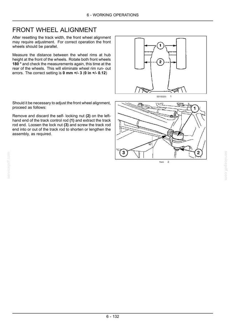 Pode incluir: Uma p&aacute;gina de manual t&eacute;cnico intitulada Alinhamento das rodas dianteiras, com diagramas de rodas de trator e componentes de dire&ccedil;&atilde;o. Inclui instru&ccedil;&otilde;es para medir a dist&acirc;ncia entre rodas e ajustar a barra de dire&ccedil;&atilde;o, com um ajuste de 0 mm +/- 3.