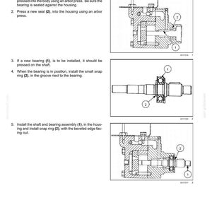 May include: Diagram of a variable displacement pump assembly, showing detailed illustrations of the parts and assembly steps. Includes labels for bearings, seals, and snap rings. Text instructions are provided.