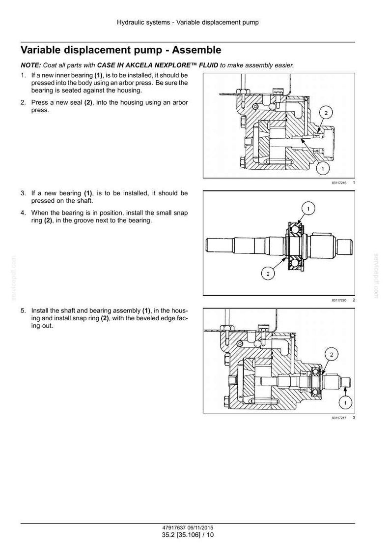 May include: Diagram of a variable displacement pump assembly, showing detailed illustrations of the parts and assembly steps. Includes labels for bearings, seals, and snap rings. Text instructions are provided.