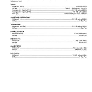 May include: A white document titled "FLUID CAPACITIES AND TYPES" with detailed fluid capacity information for various vehicle systems, including engine, transmission, and fuel system. Measurements are in quarts and gallons.