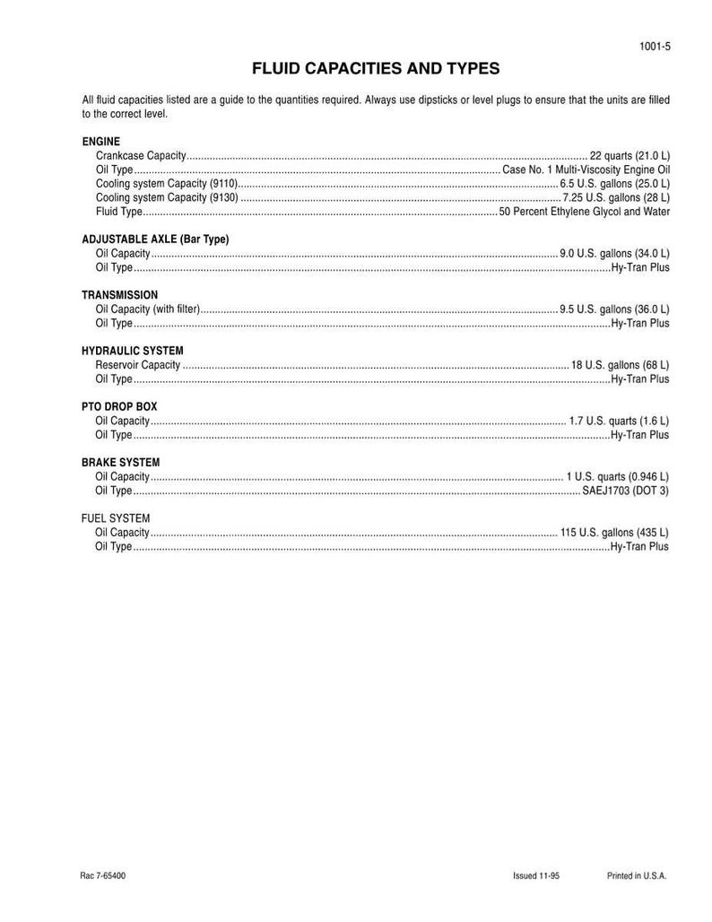 May include: A white document titled "FLUID CAPACITIES AND TYPES" with detailed fluid capacity information for various vehicle systems, including engine, transmission, and fuel system. Measurements are in quarts and gallons.