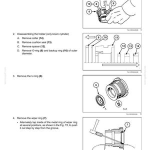 Puede incluir: Una p&aacute;gina de manual t&eacute;cnico titulada Hydraulic systems - Boom hydraulic system, que detalla el desmontaje de un conjunto de culata. Incluye diagramas numerados que muestran juntas t&oacute;ricas, anillos de respaldo, un collar&iacute;n, sello de amortiguaci&oacute;n, espaciador y junta en U.