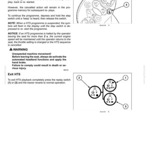 May include: A technical manual page titled 6 - WORKING OPERATIONS containing text instructions for EHR and HTS functions, a warning about unexpected machine movement, and two diagrams showing control buttons labeled with numbers 1, 2, 3, and 4.