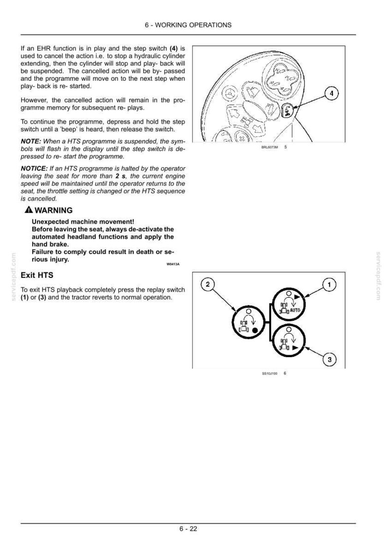 May include: A technical manual page titled 6 - WORKING OPERATIONS containing text instructions for EHR and HTS functions, a warning about unexpected machine movement, and two diagrams showing control buttons labeled with numbers 1, 2, 3, and 4.