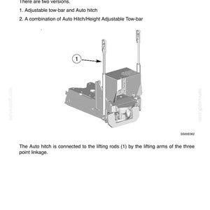 Op de afbeelding: Een technisch diagram van een automatische trekhaak met haak, voorzien van twee verticale hefstangen gemarkeerd met het nummer 1. De illustratie toont de mechanische assemblage van het koppelsysteem, inclusief het metalen frame en de aansluitpunten.