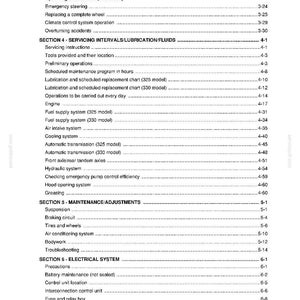 May include: A detailed table of contents from a manual, with headings and page numbers. Sections include servicing intervals, maintenance, and electrical systems. The text is in black on a white background.