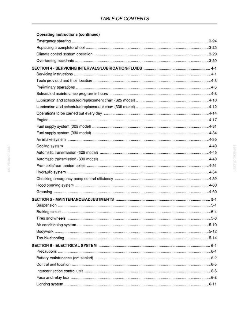 May include: A detailed table of contents from a manual, with headings and page numbers. Sections include servicing intervals, maintenance, and electrical systems. The text is in black on a white background.