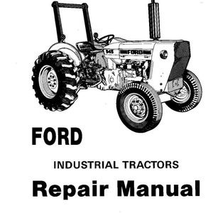 Op de afbeelding: Zwart-wit illustratie van een Ford-tractor. De afbeelding bevat de tekst "FORD INDUSTRIAL TRACTORS Repair Manual". De tractor heeft grote achterbanden en een hoge uitlaatpijp.