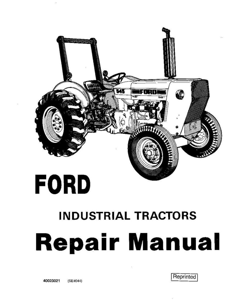 Op de afbeelding: Zwart-wit illustratie van een Ford-tractor. De afbeelding bevat de tekst "FORD INDUSTRIAL TRACTORS Repair Manual". De tractor heeft grote achterbanden en een hoge uitlaatpijp.