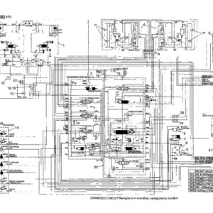 May include: A technical engineering schematic diagram titled COMBINED CIRCUIT: Swing/Arm in operation, swing priority function. The black and white document displays complex hydraulic lines, numbered components, and a relief valve pressure table.